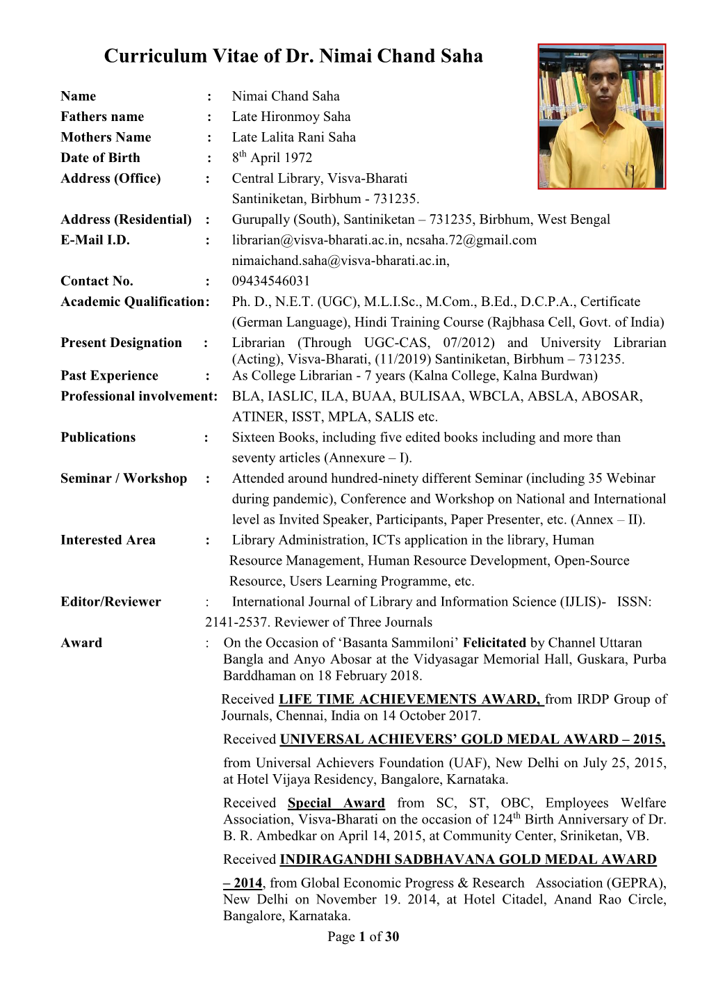 Curriculum Vitae of Dr. Nimai Chand Saha