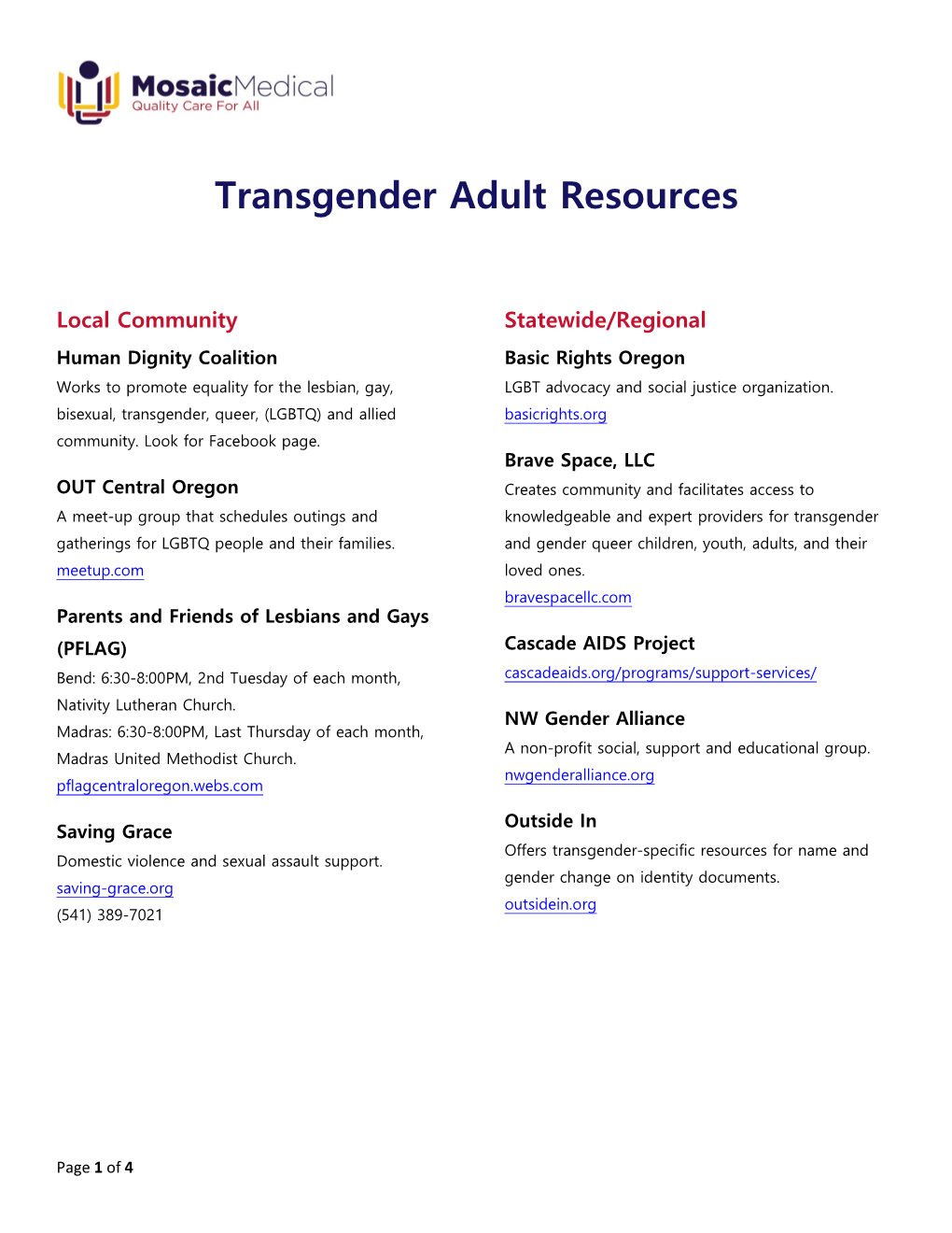 Transgender Adult Resources