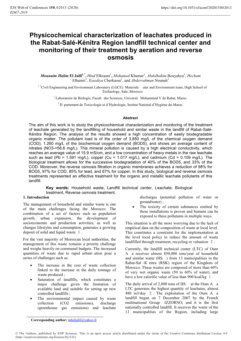 Physicochemical Characterization of Leachates Produced in the Rabat