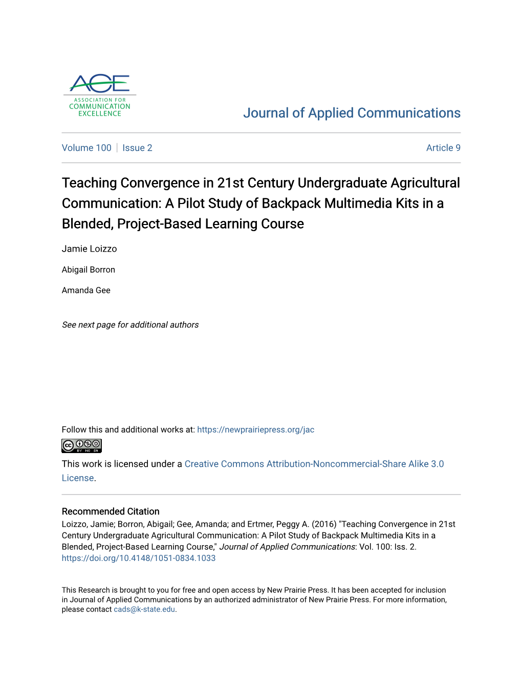 Teaching Convergence in 21St Century Undergraduate Agricultural Communication: a Pilot Study of Backpack Multimedia Kits in a Blended, Project-Based Learning Course