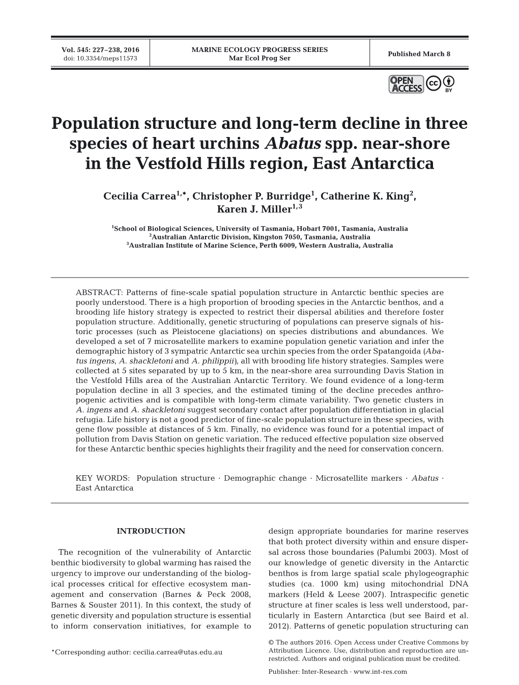 Population Structure and Long-Term Decline in Three Species of Heart Urchins Abatus Spp