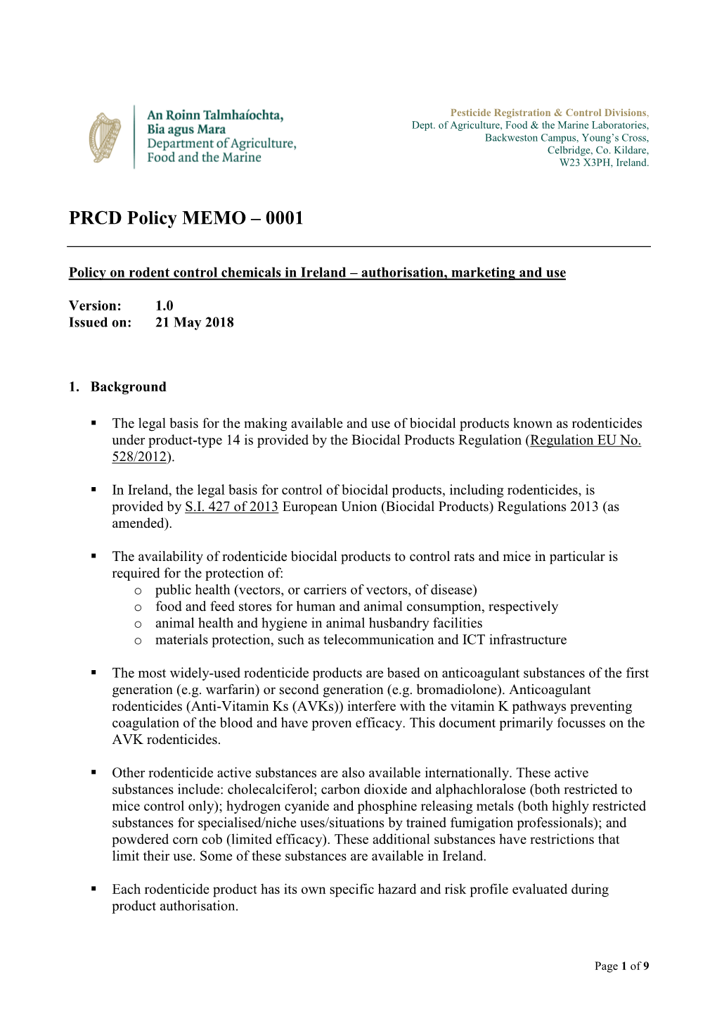 PRCD Policy MEMO – 0001