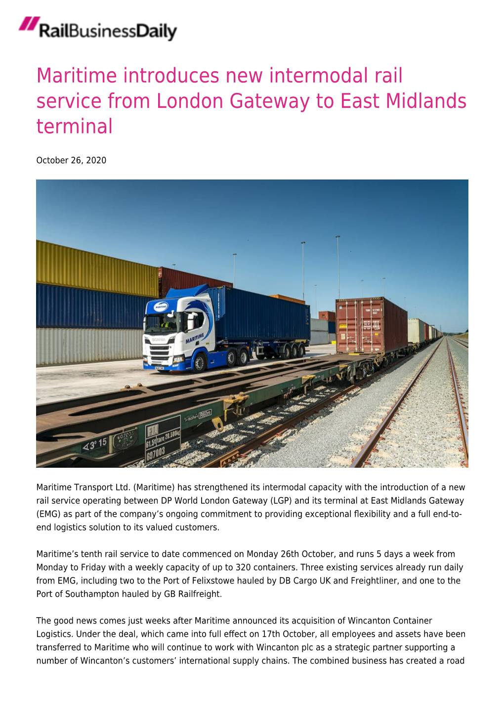 Maritime Introduces New Intermodal Rail Service from London Gateway to East Midlands Terminal