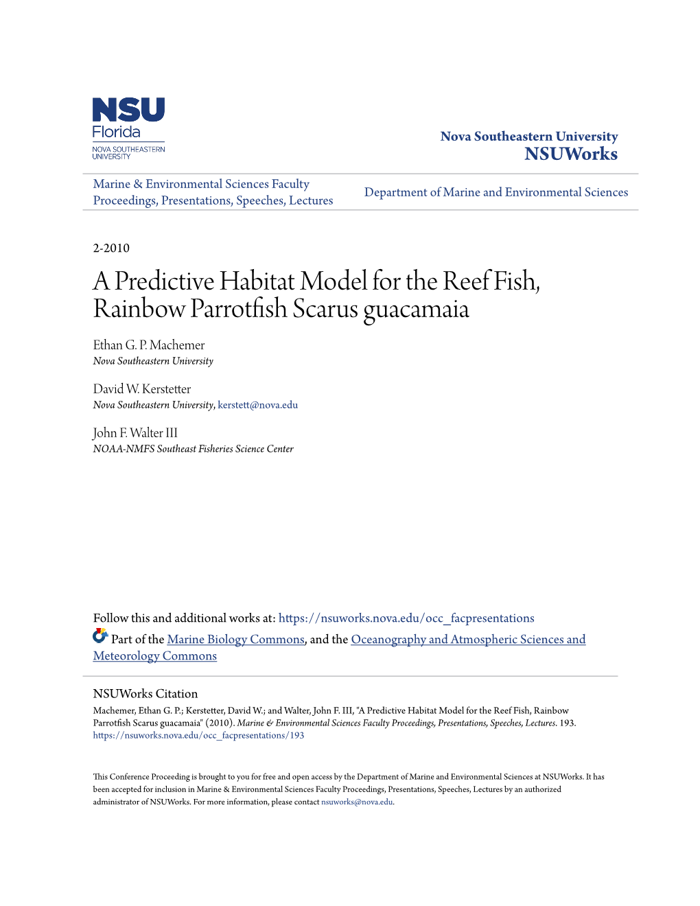 A Predictive Habitat Model for the Reef Fish, Rainbow Parrotfish Scarus Guacamaia Ethan G
