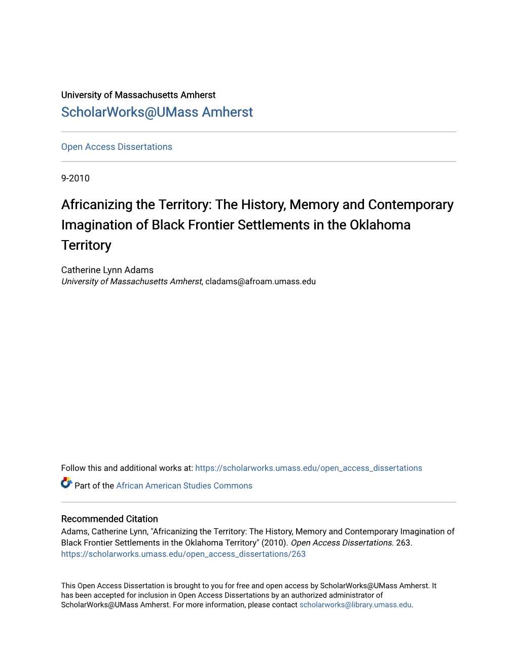 The History, Memory and Contemporary Imagination of Black Frontier Settlements in the Oklahoma Territory