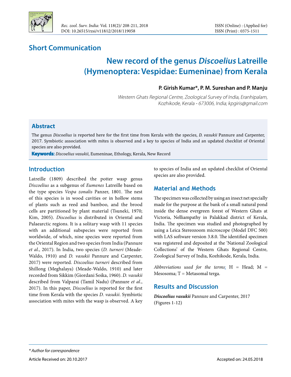 New Record of the Genus Discoelius Latreille (Hymenoptera: Vespidae: Eumeninae) from Kerala