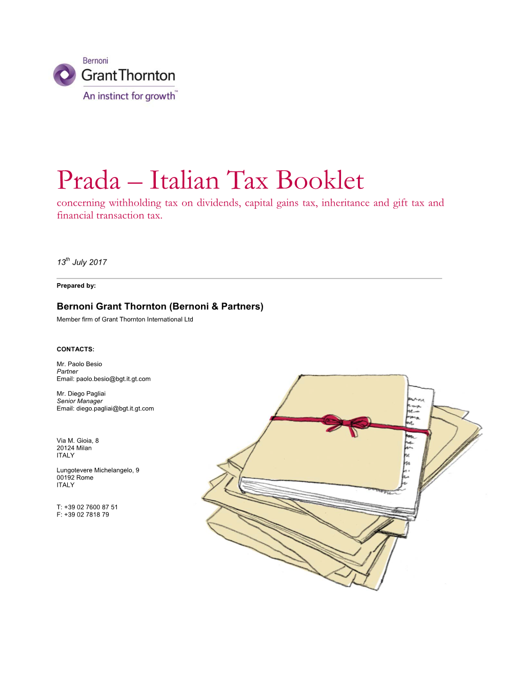 Italian Tax Booklet Concerning Withholding Tax on Dividends, Capital Gains Tax, Inheritance and Gift Tax and Financial Transaction Tax