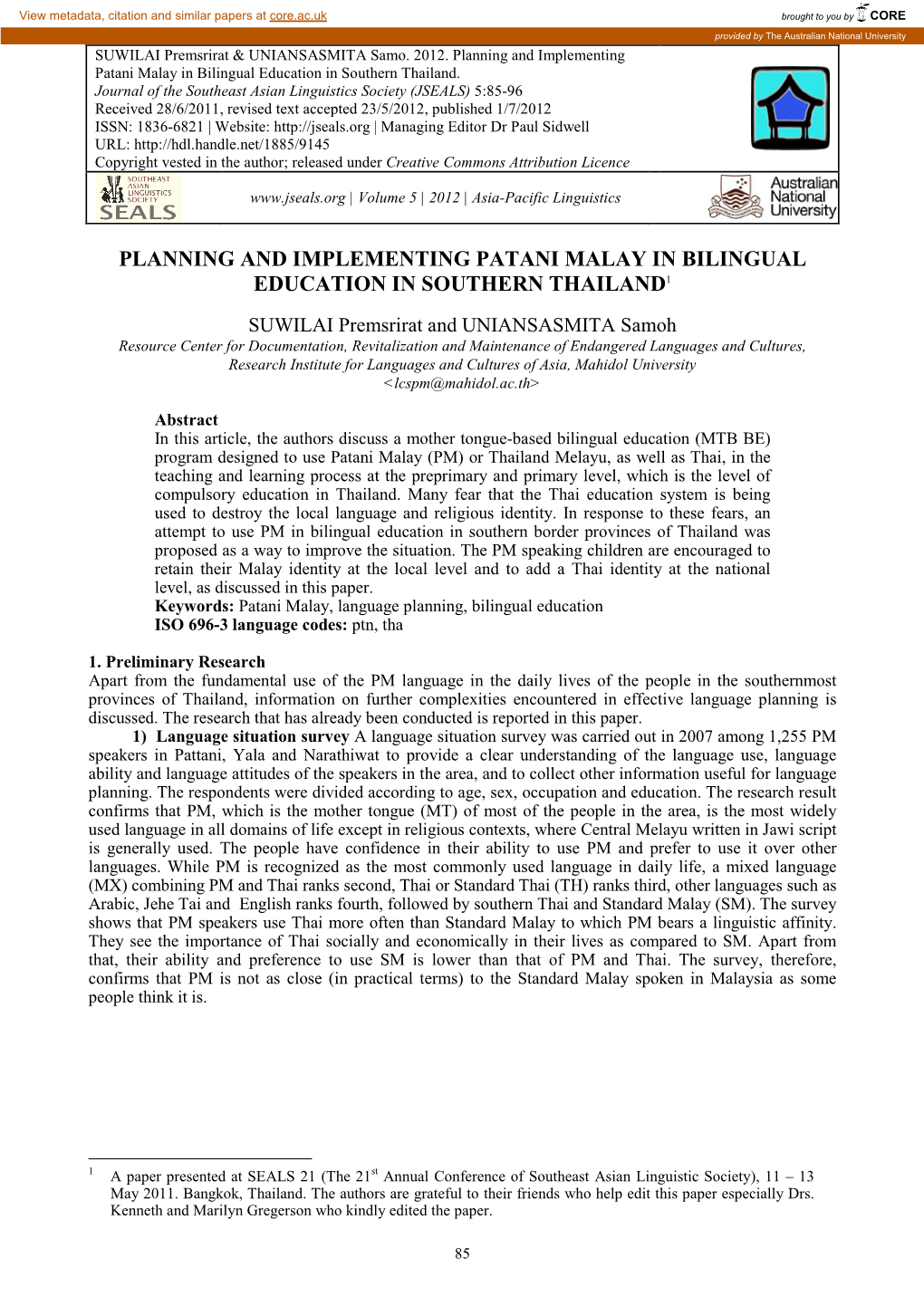 Planning and Implementing Patani Malay in Bilingual Education in Southern Thailand