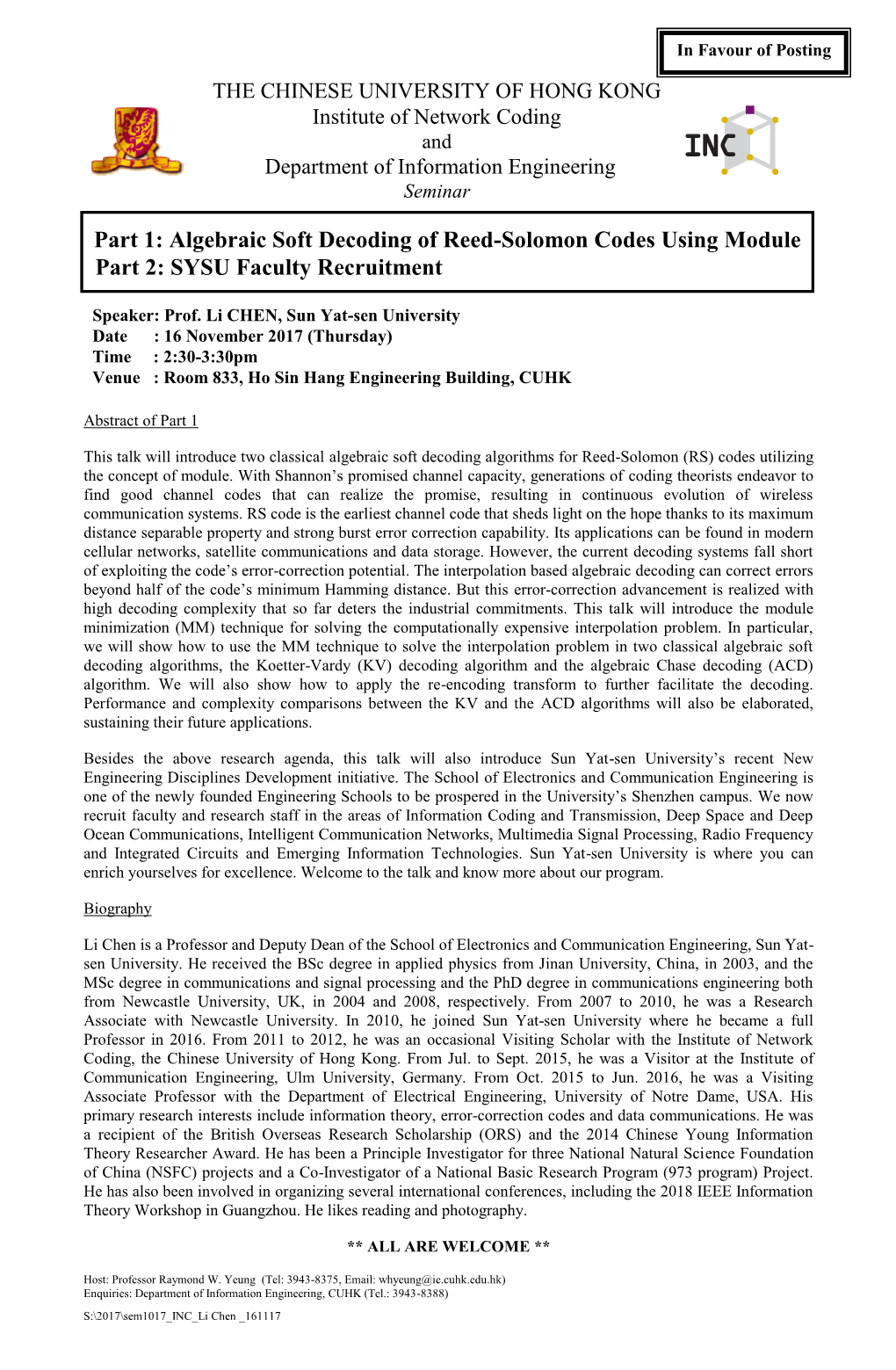 Part 1: Algebraic Soft Decoding of Reed-Solomon Codes Using Module Part 2: SYSU Faculty Recruitment