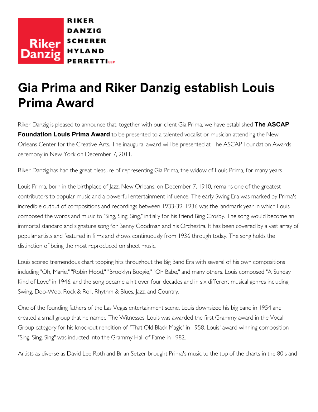 Gia Prima and Riker Danzig Establish Louis Prima Award