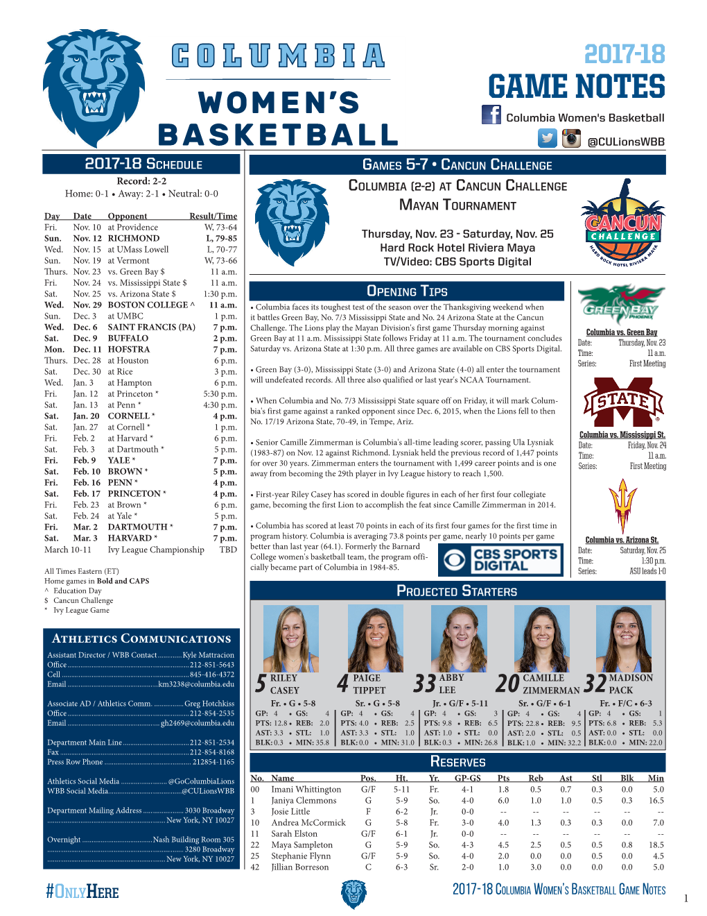 GAME NOTES Columbia Women's Basketball