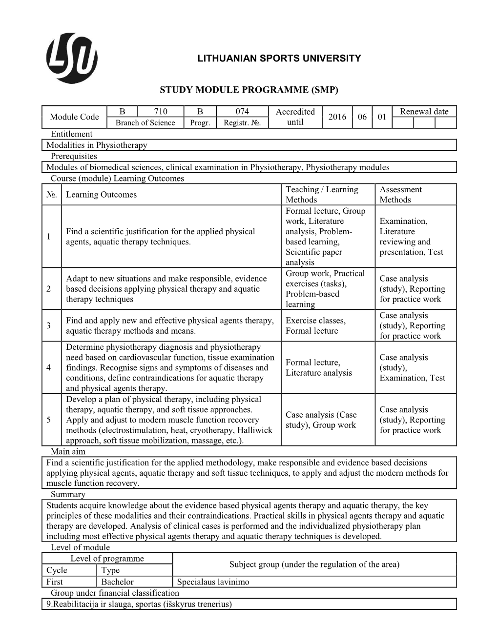 Study Module Programme B710b074