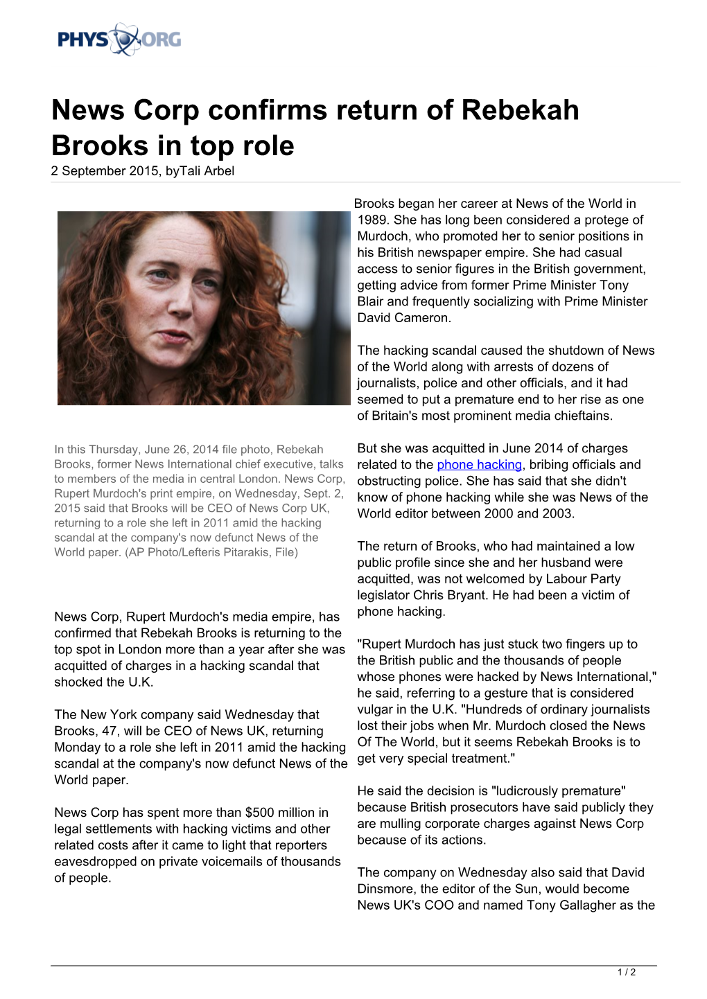 News Corp Confirms Return of Rebekah Brooks in Top Role 2 September 2015, Bytali Arbel