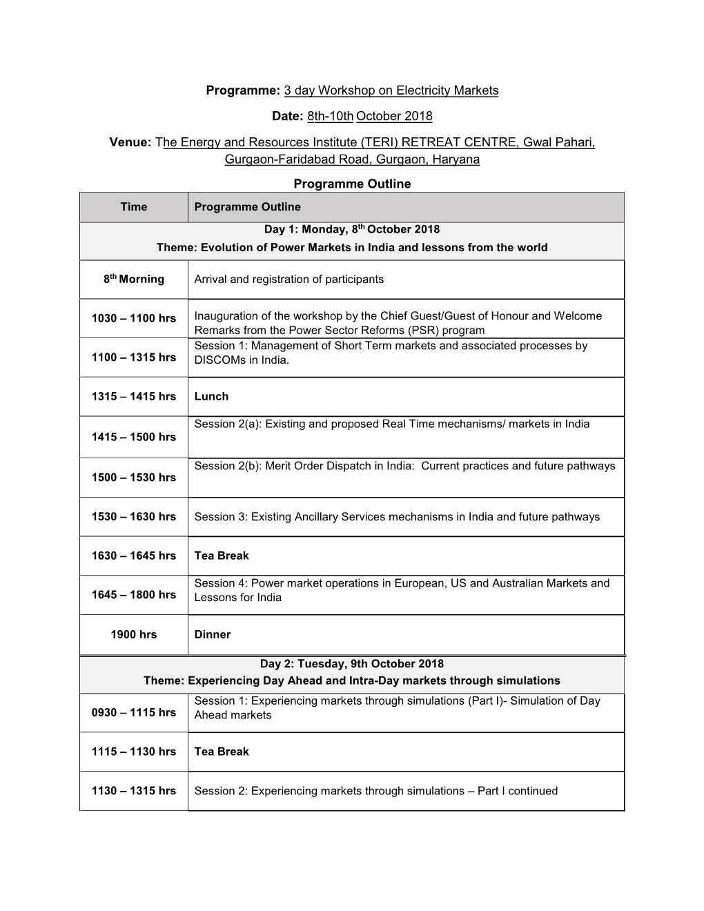 Workshop Agenda