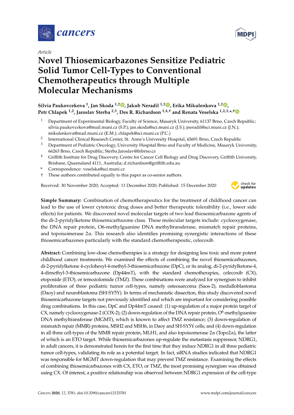 Novel Thiosemicarbazones Sensitize Pediatric Solid Tumor Cell-Types to Conventional Chemotherapeutics Through Multiple Molecular Mechanisms