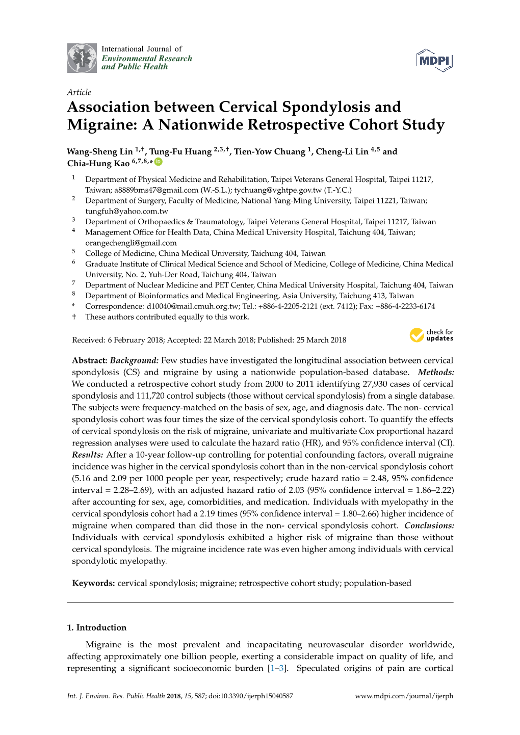 Association Between Cervical Spondylosis and Migraine: a Nationwide Retrospective Cohort Study