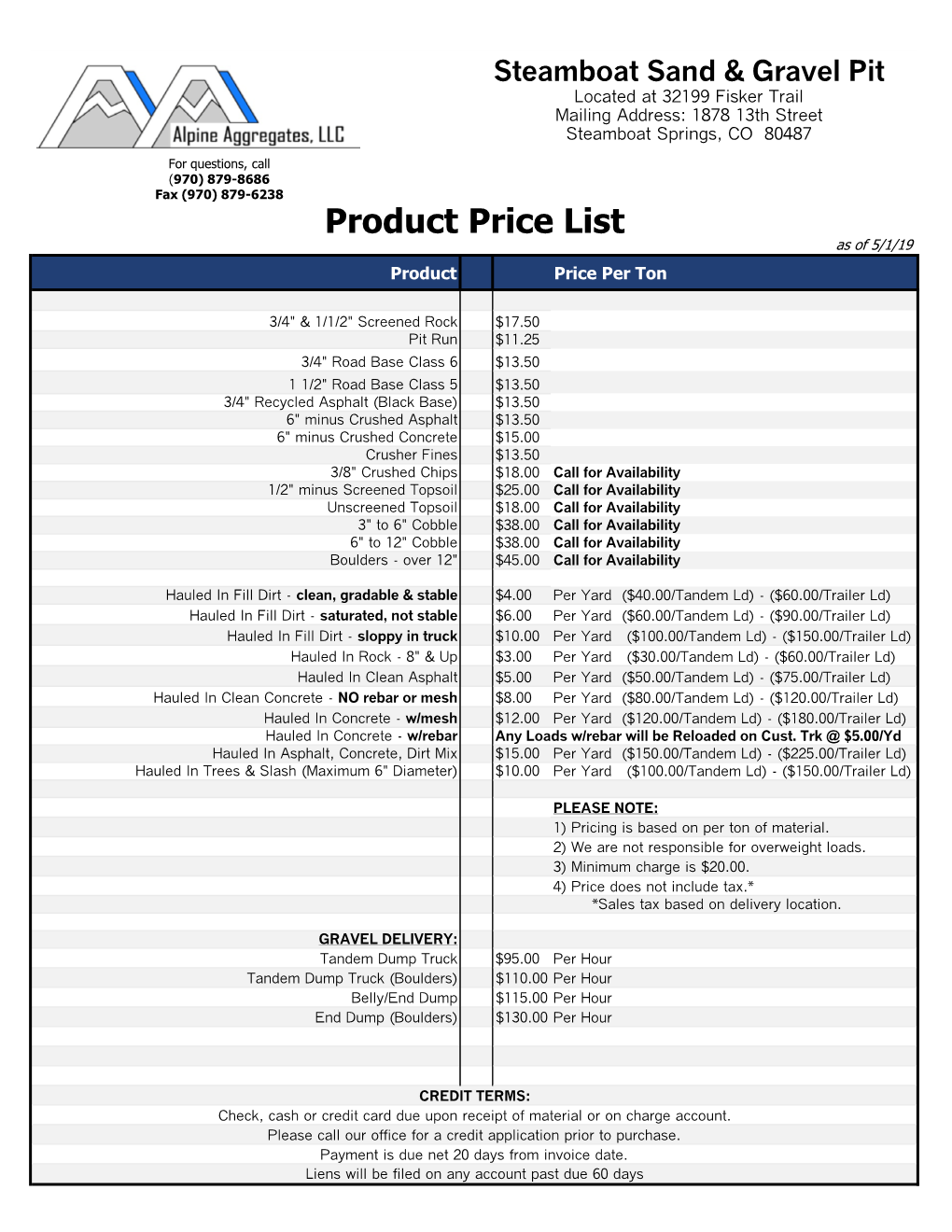 Product Price List As of 5/1/19 Product Price Per Ton