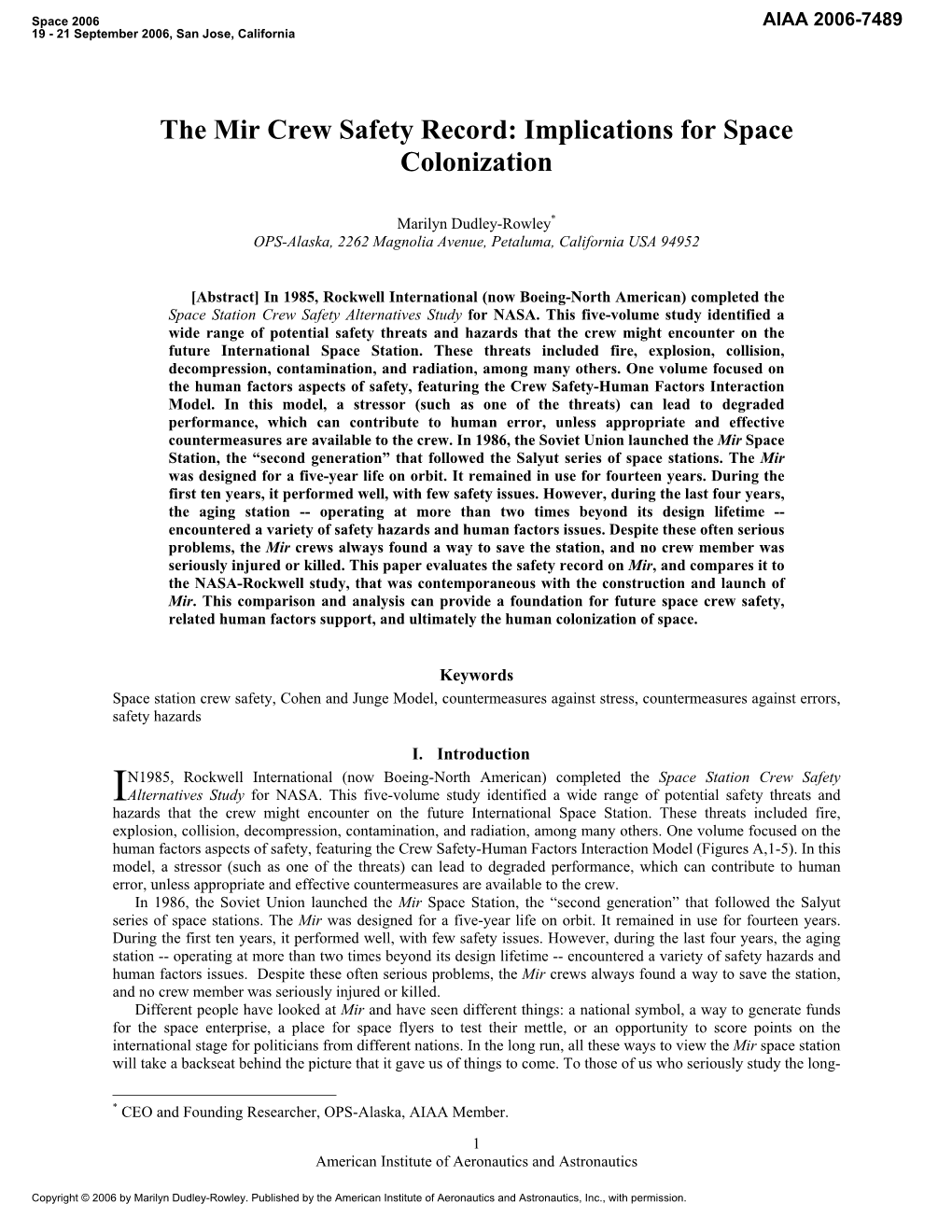 The Mir Crew Safety Record: Implications for Space Colonization