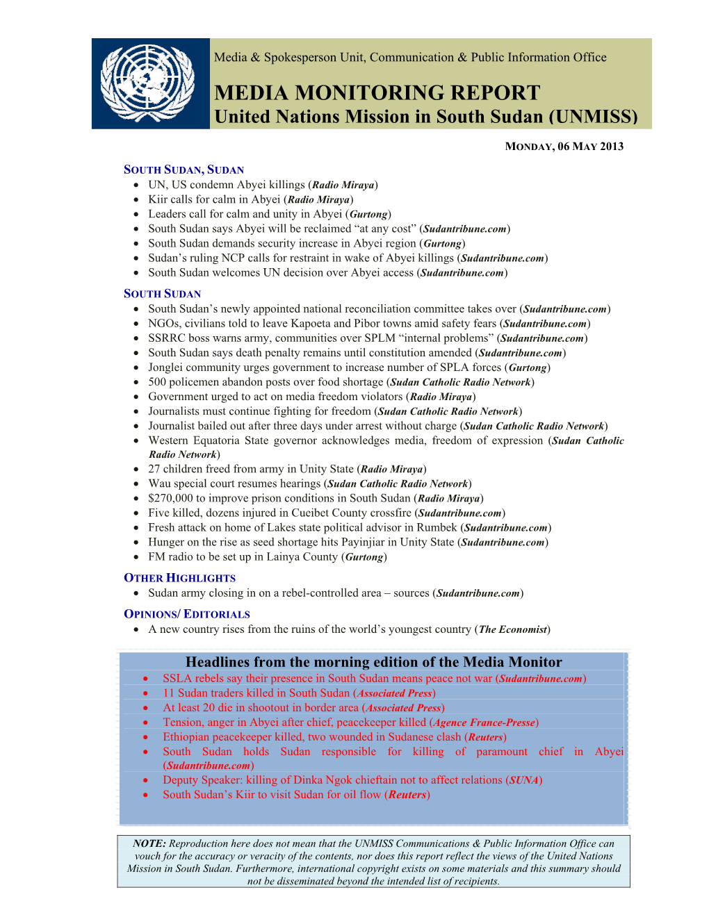 MEDIA MONITORING REPORT United Nations Mission in South Sudan (UNMISS)