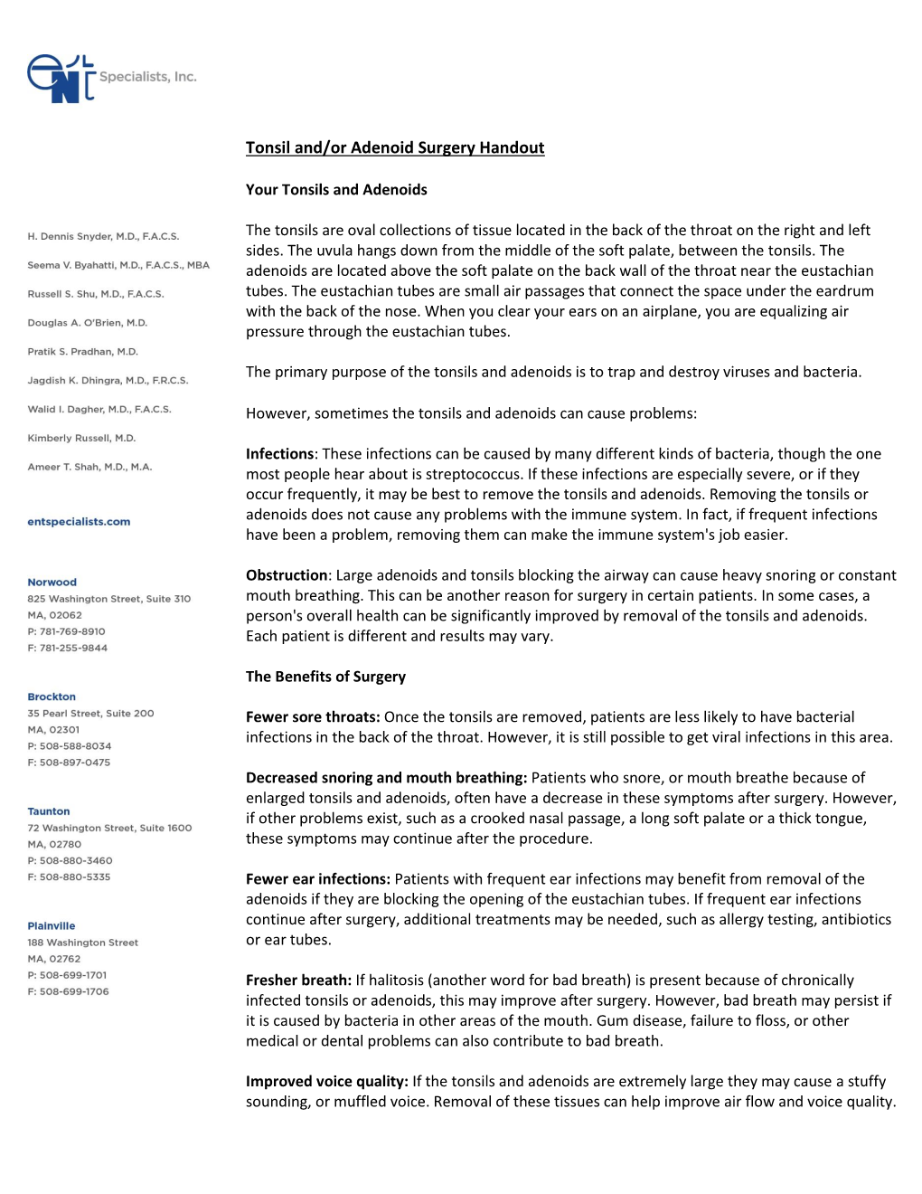 Tonsil And/Or Adenoid Surgery Handout