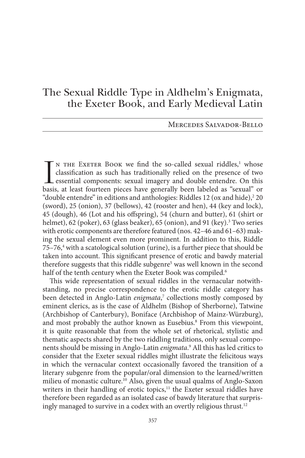The Sexual Riddle Type in Aldhelm's Enigmata, the Exeter Book, And