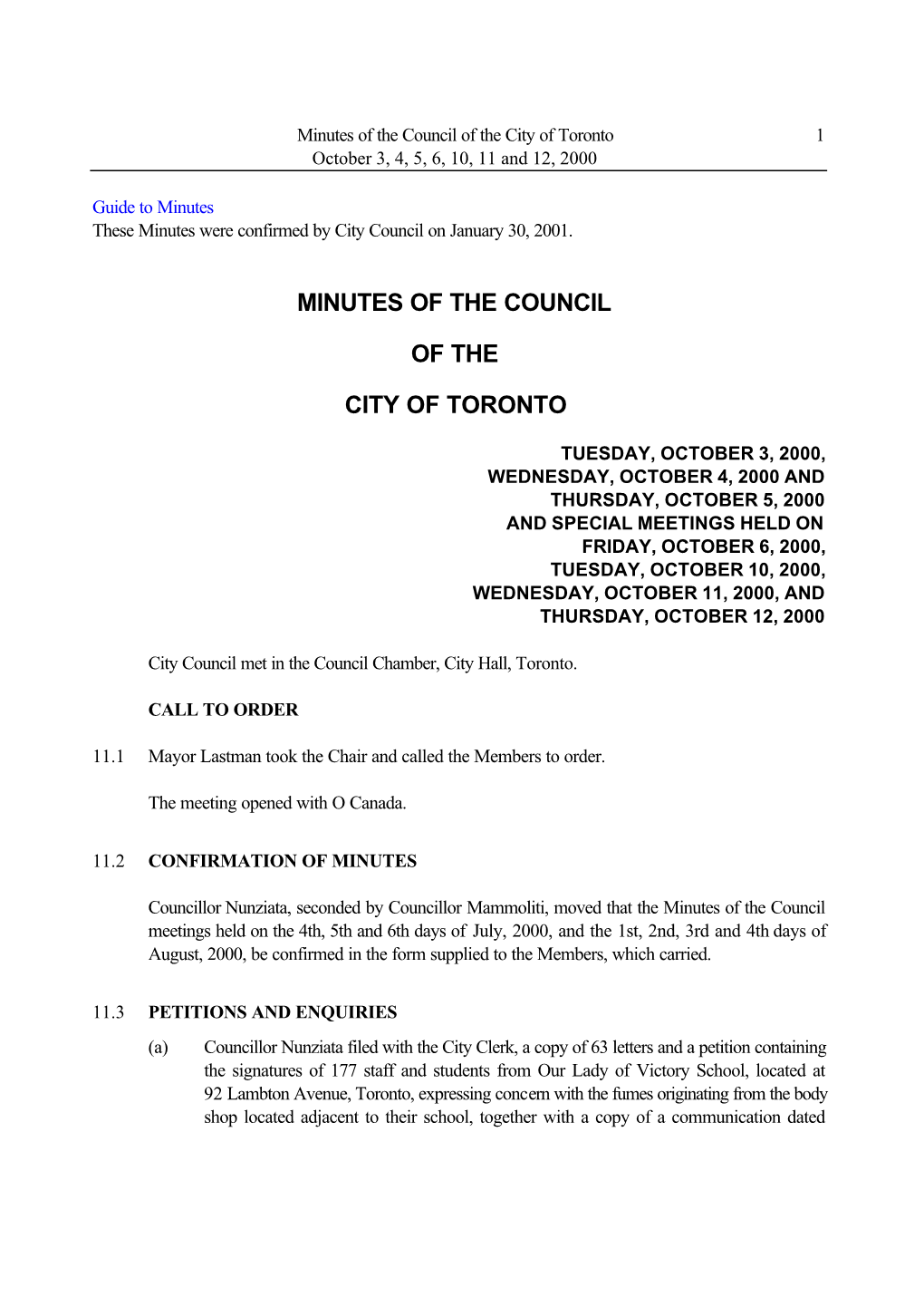 Minutes of the Council of the City of Toronto 1 October 3, 4, 5, 6, 10, 11 and 12, 2000