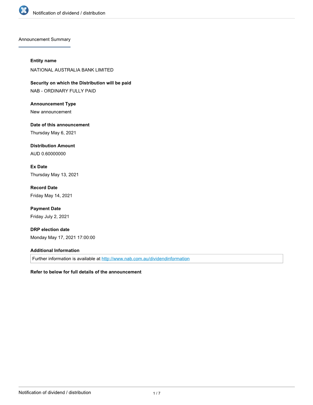 Notification of Dividend / Distribution