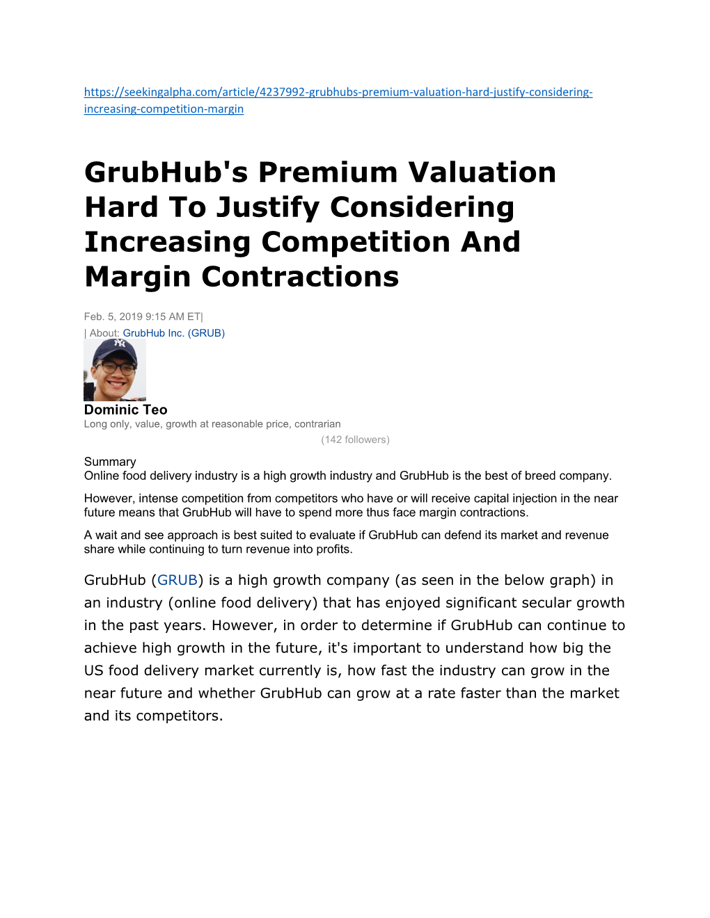 Grubhub's Premium Valuation Hard to Justify Considering Increasing Competition and Margin Contractions