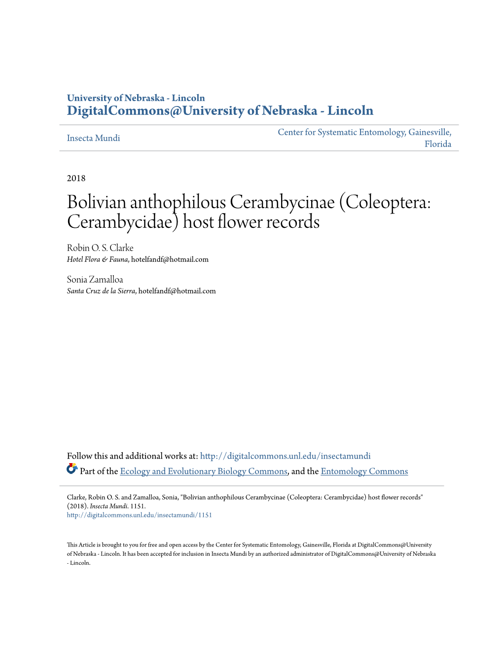 Bolivian Anthophilous Cerambycinae (Coleoptera: Cerambycidae) Host Flower Records Robin O