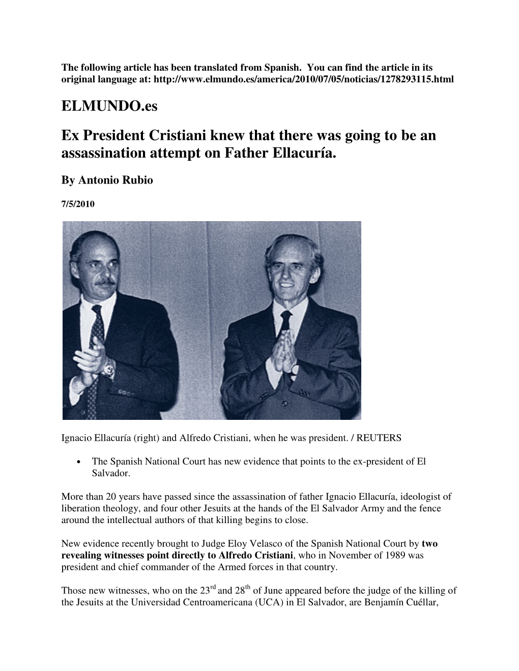 ELMUNDO.Es Ex President Cristiani Knew That There Was Going to Be an Assassination Attempt on Father Ellacuría