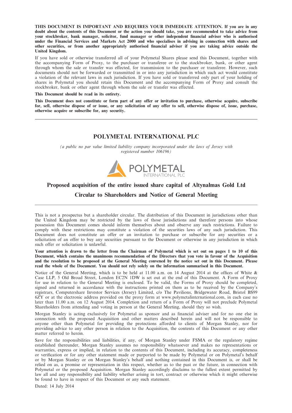 POLYMETAL INTERNATIONAL PLC Proposed Acquisition of the Entire