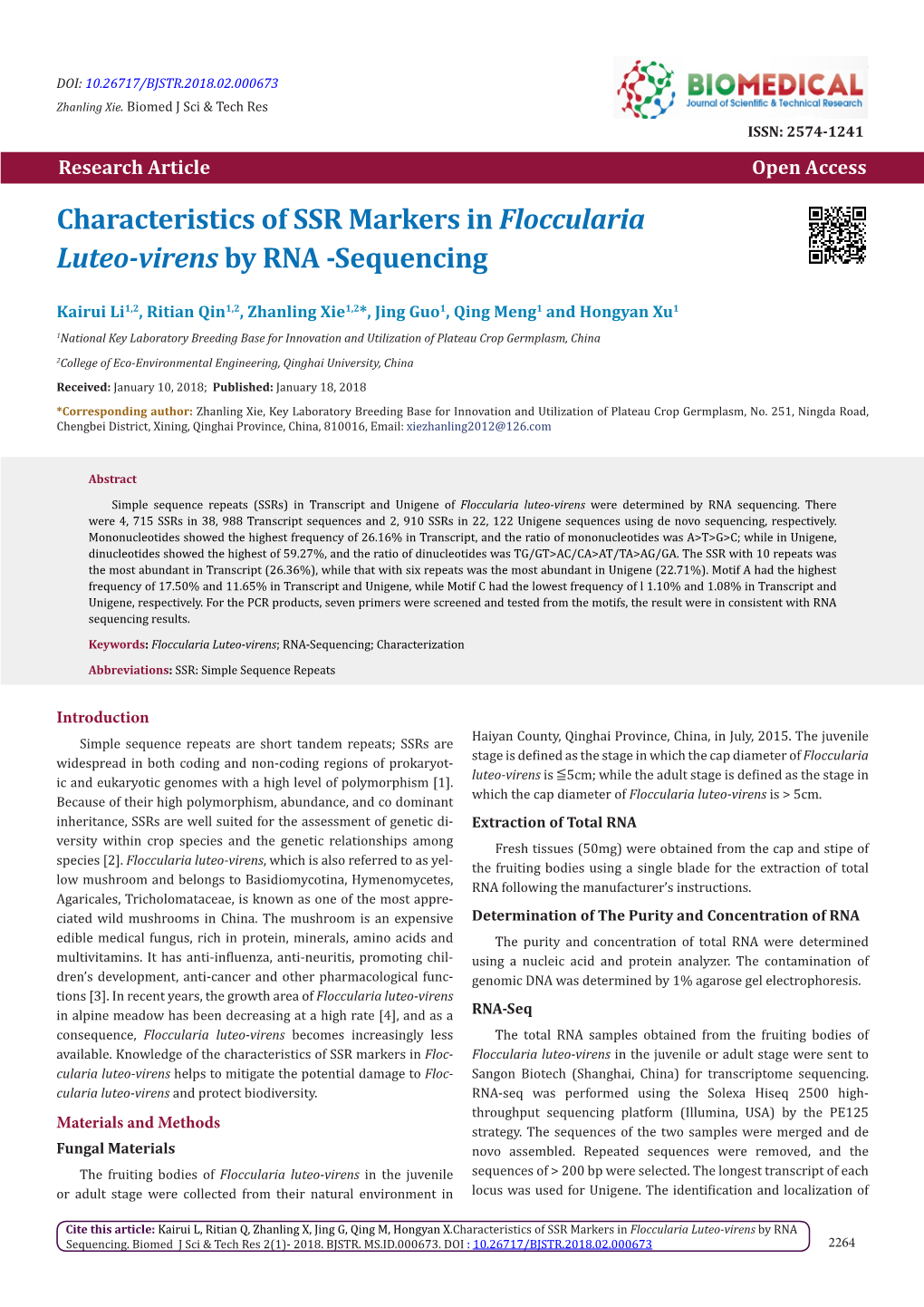 Characteristics of SSR Markers in Floccularia Luteo-Virens by RNA -Sequencing