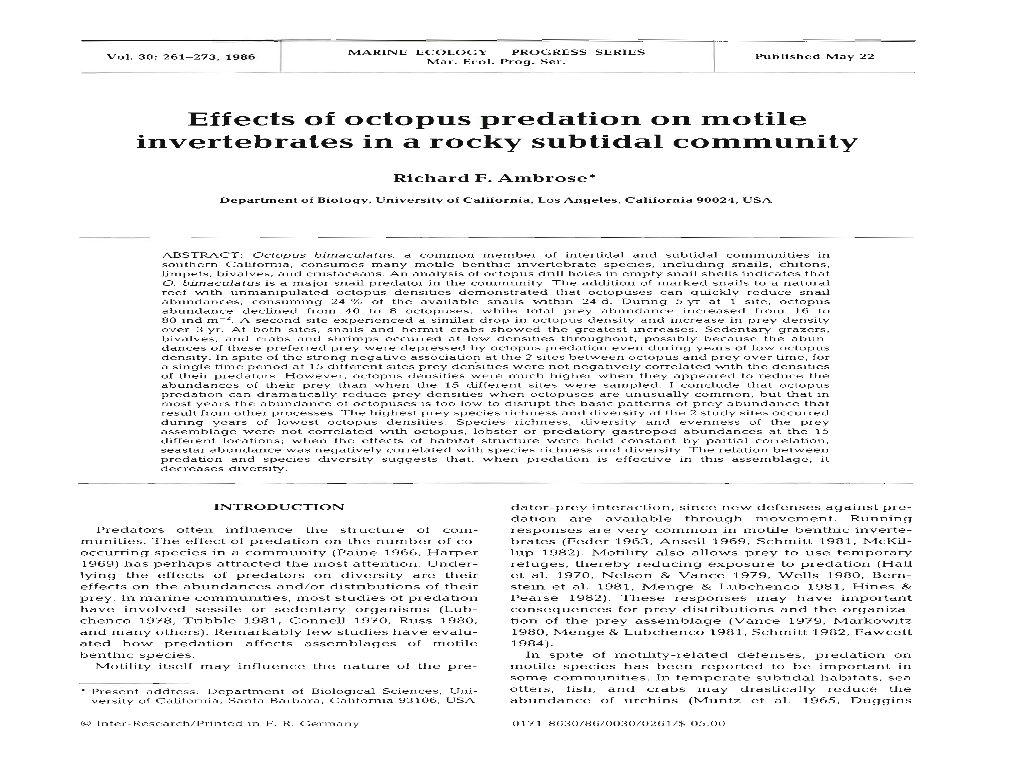 Effects of Octopus Predation on Motile Invertebrates in a Rocky Subtidal Community