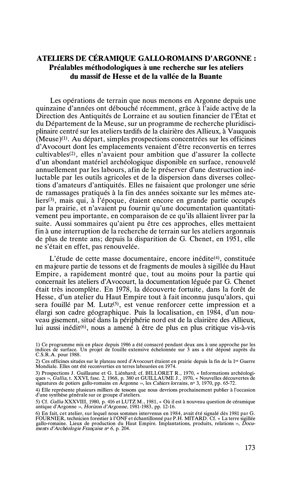 ATELIERS DE CÉRAMIQUE GALLO-ROMAINS D'argonne : Préalables Méthodologiques À Une Recherche Sur Les Ateliers Du Massif De Hesse Et De La Vallée De La Buante