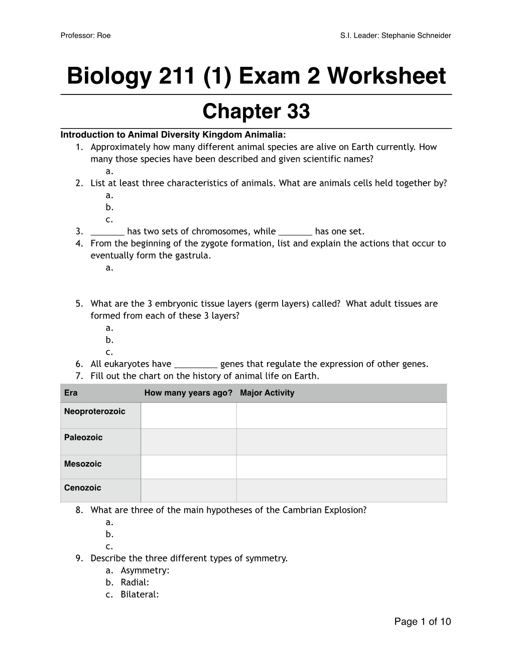 Biol 211 (1) Exam 2 Worksheet