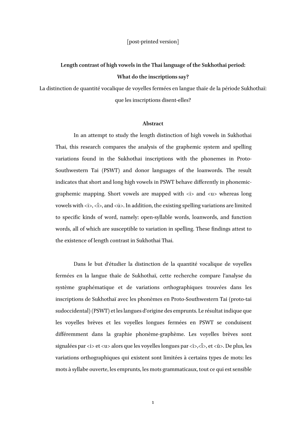 1 [Post-Printed Version] Length Contrast of High Vowels in the Thai