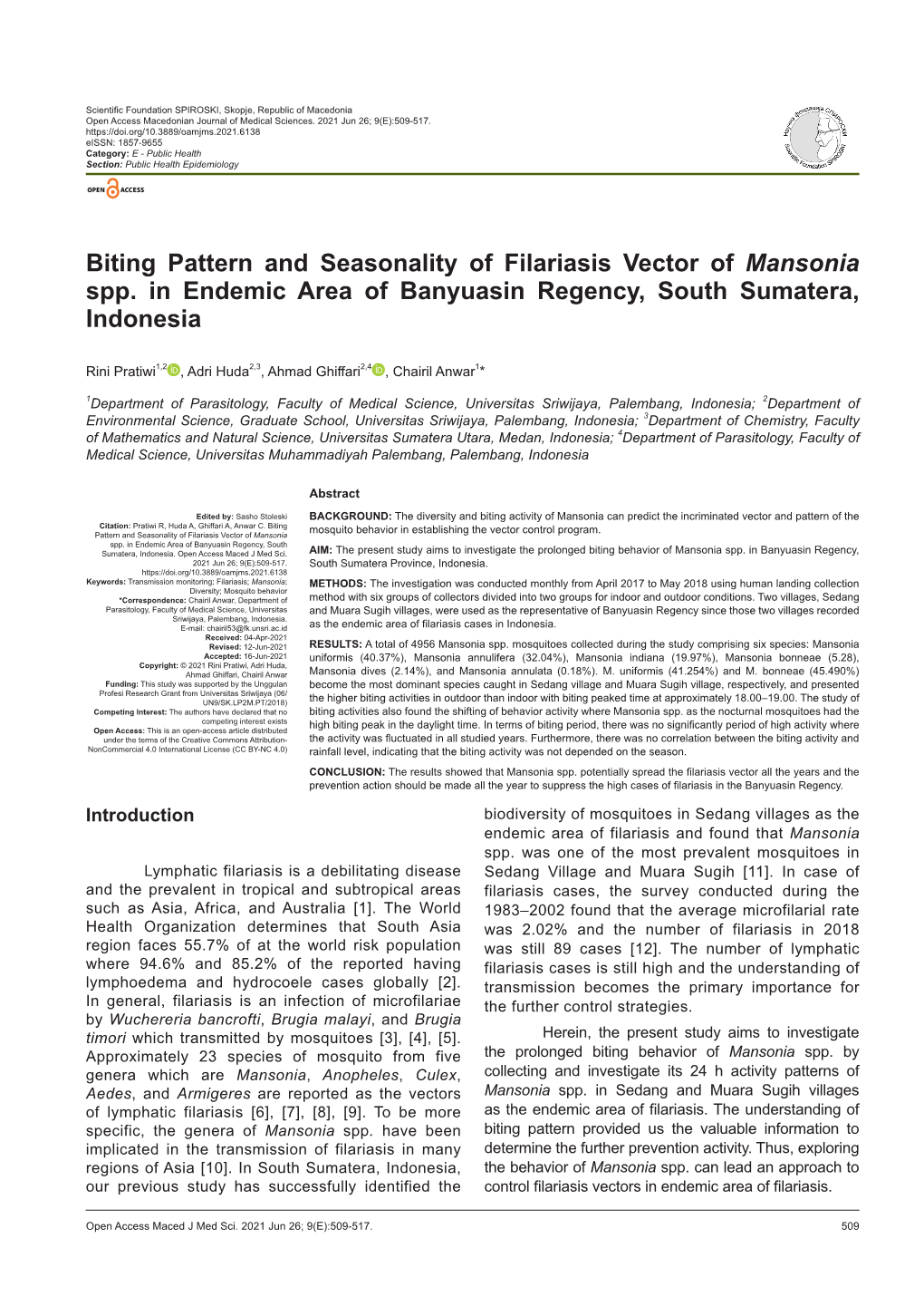 Biting Pattern and Seasonality of Filariasis Vector of Mansonia Spp