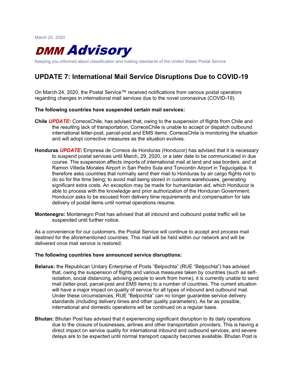 DMM Advisory Keeping You Informed About Classification and Mailing Standards of the United States Postal Service