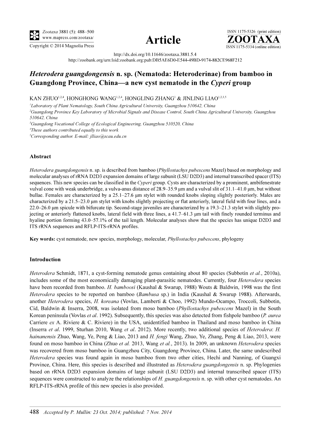 Heterodera Guangdongensis N. Sp. (Nematoda: Heteroderinae) from Bamboo in Guangdong Province, China—A New Cyst Nematode in the Cyperi Group