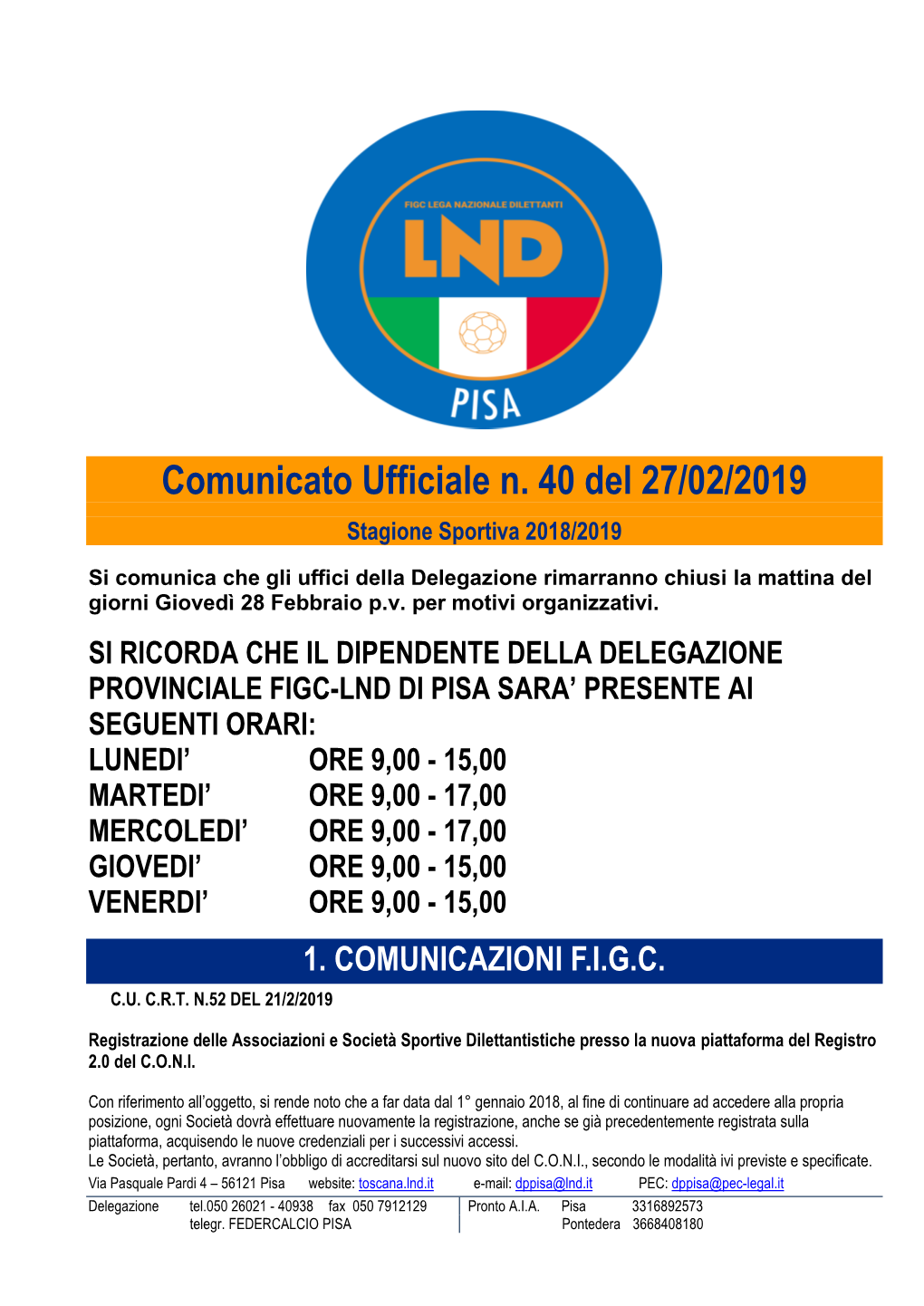 Comunicato Ufficiale N. 40 Del 27/02/2019