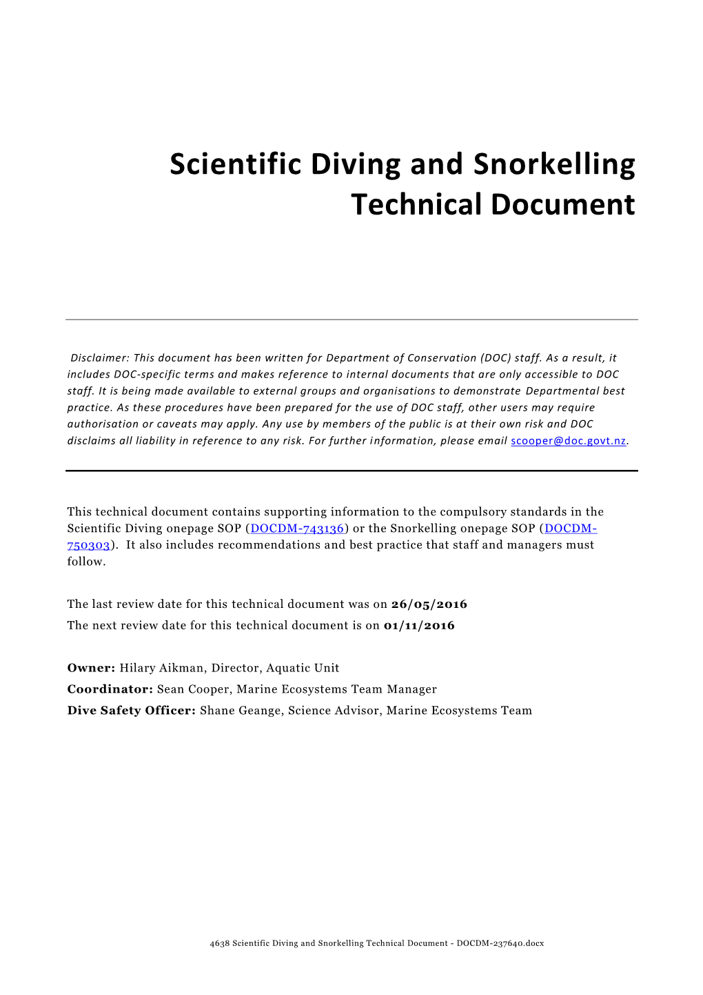DOCCM-237640 Scientific Diving and Snorkelling Technical Document