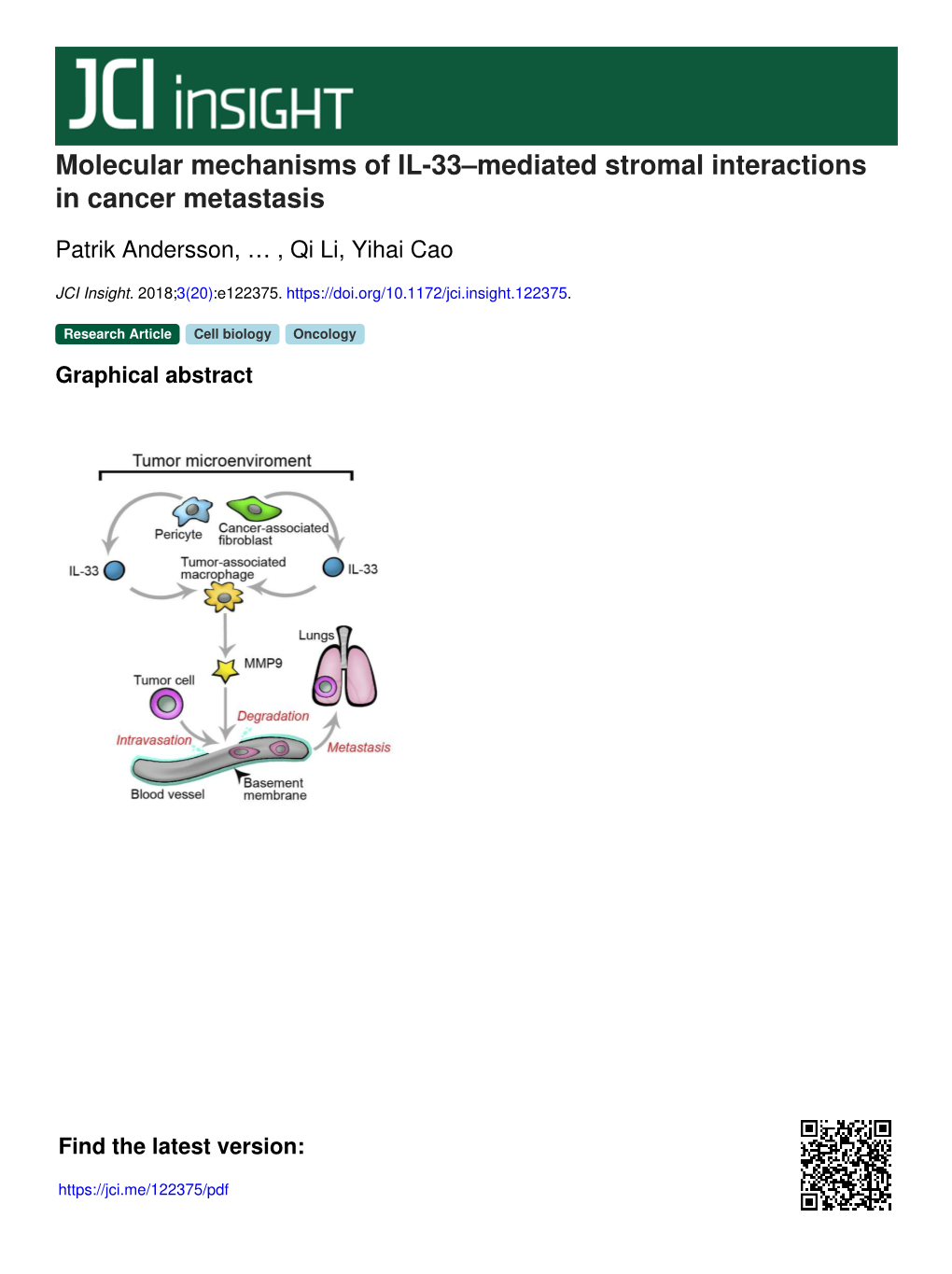 Molecular Mechanisms of IL-33–Mediated Stromal Interactions in Cancer Metastasis