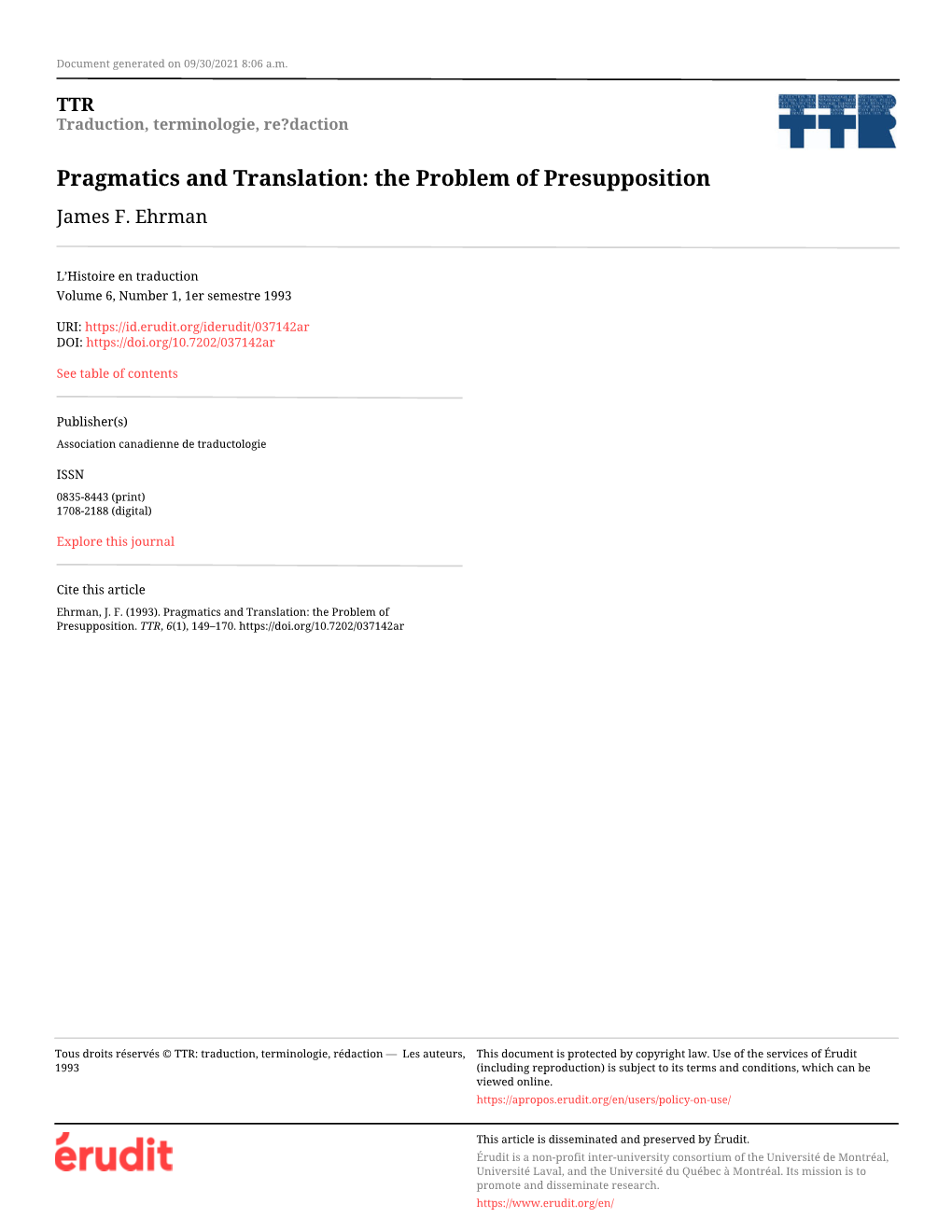 Pragmatics and Translation: the Problem of Presupposition James F