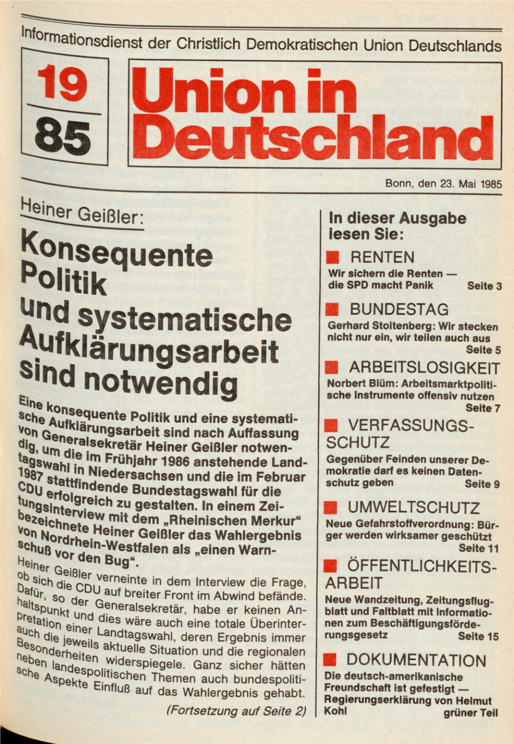 UID 1985 Nr. 19, Union in Deutschland