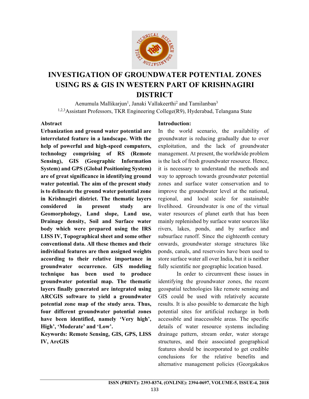 Investigation of Groundwater Potential Zones Using Rs & Gis in Western Part