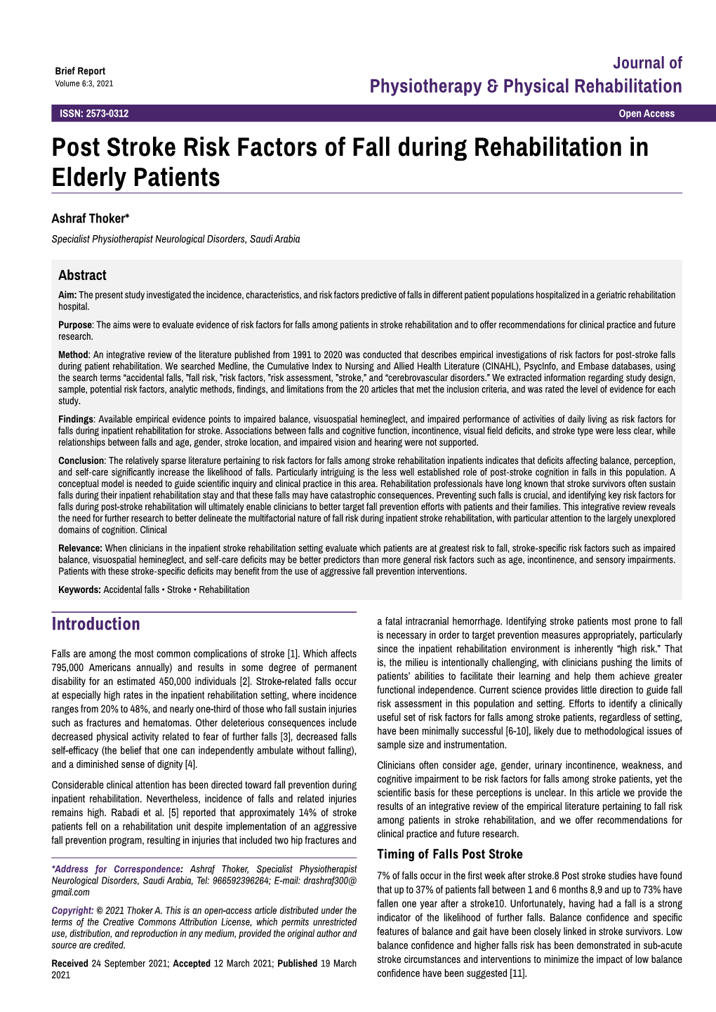 Post Stroke Risk Factors of Fall During Rehabilitation in Elderly Patients