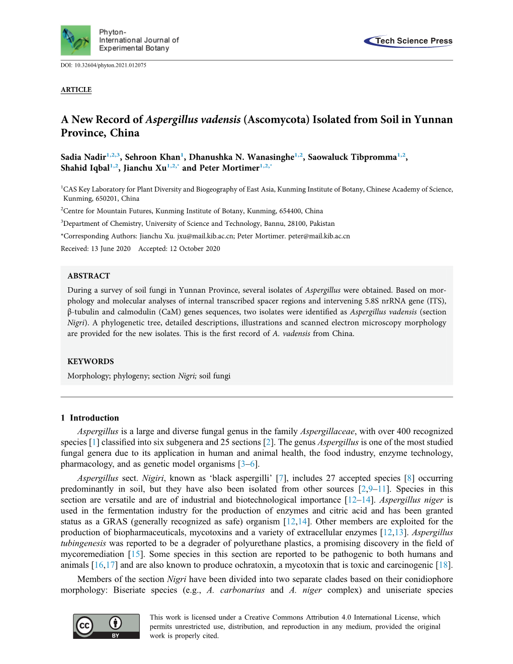 A New Record of Aspergillus Vadensis (Ascomycota) Isolated from Soil in Yunnan Province, China