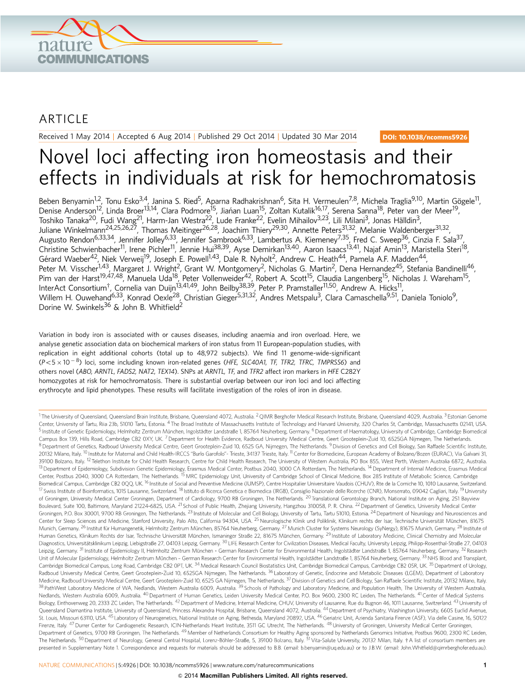 Novel Loci Affecting Iron Homeostasis and Their Effects in Individuals at Risk for Hemochromatosis