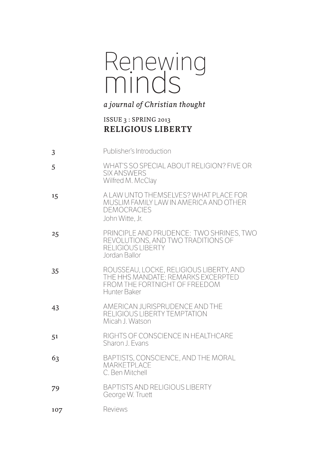 Renewing Minds a Journal of Christian Thought