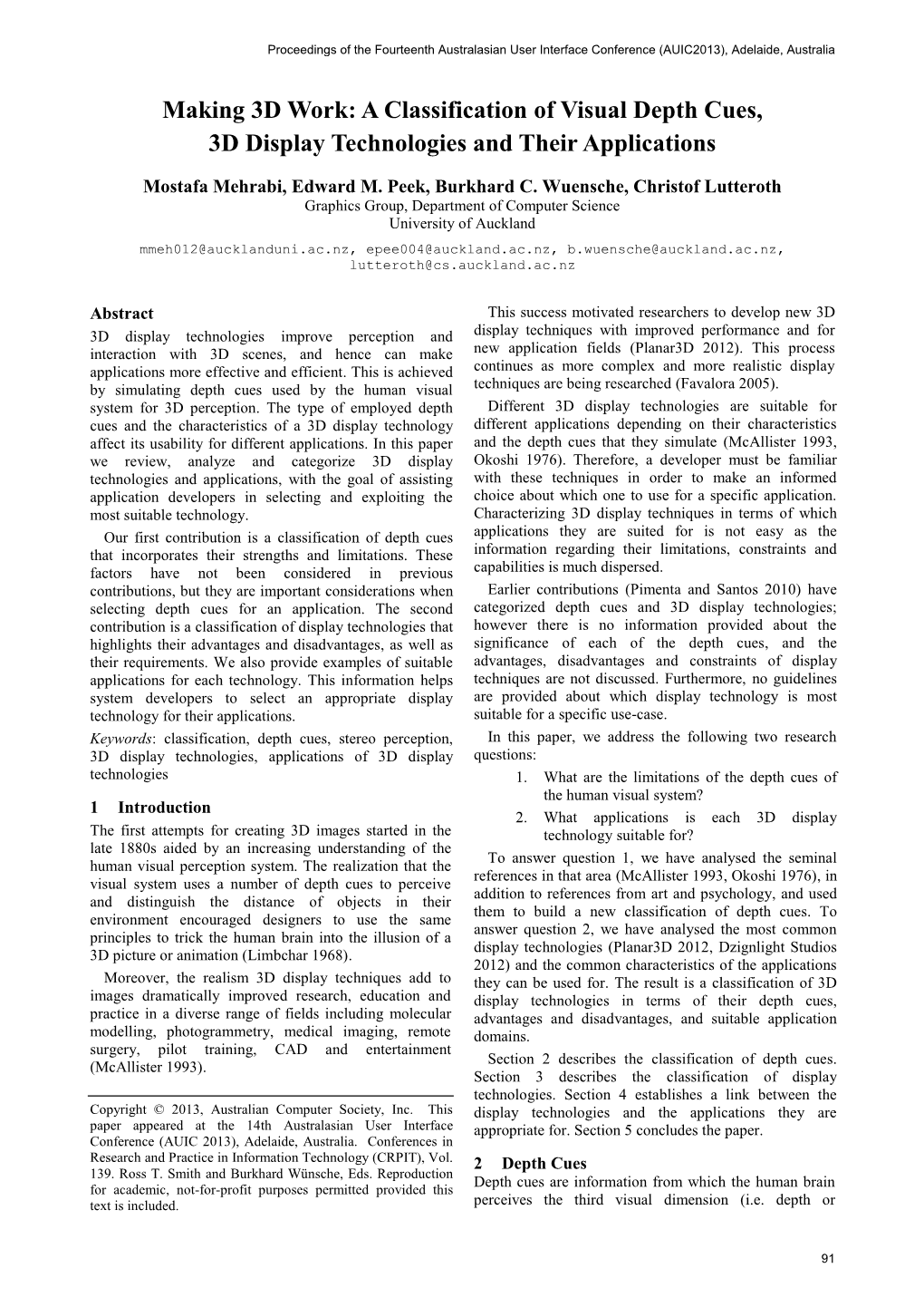 A Classification of Visual Depth Cues, 3D Display Technologies and Their Applications